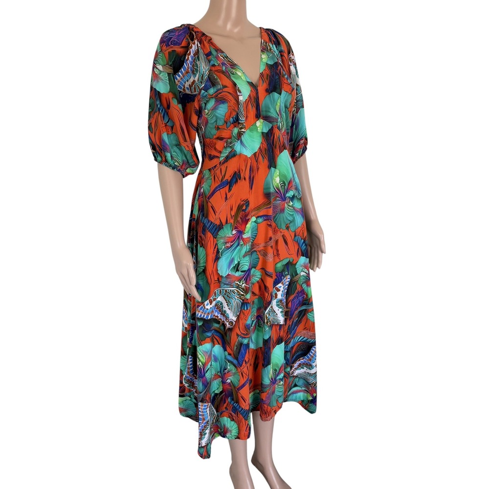 Vintage Boho Tropical Floral Butterfly Midi Dress M V-Neck Smock Made in Brazil - Picture 2 of 8